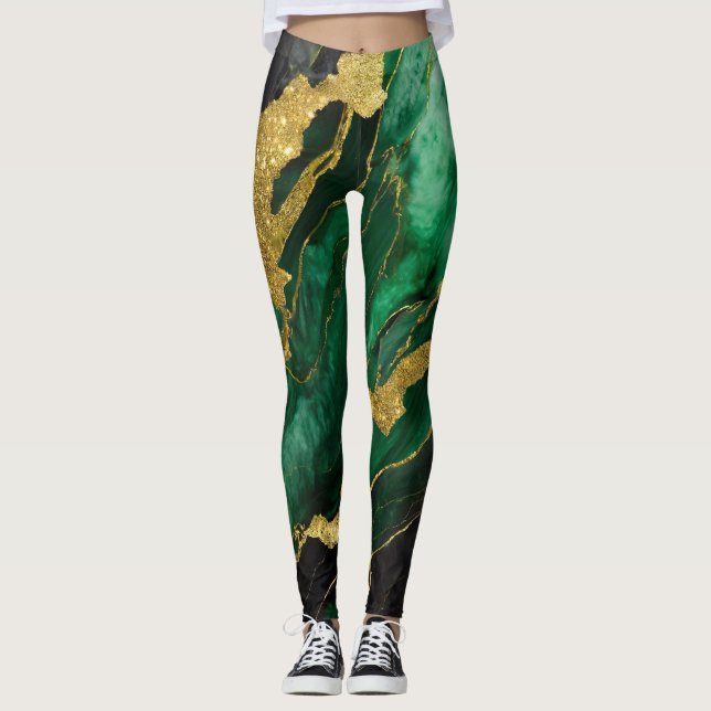 Grönt Marble Mönster med Guld Leggings (Framsida)