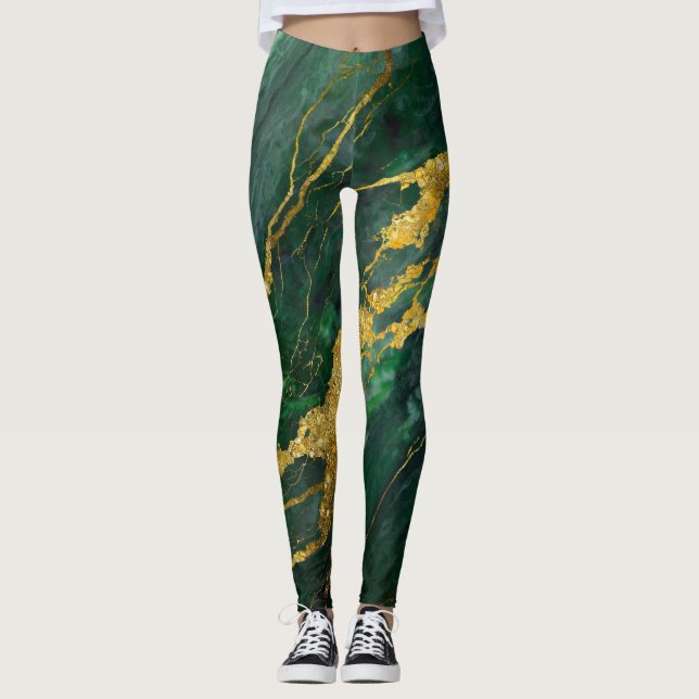 Grönt Marble Mönster med Guld Leggings (Framsida)