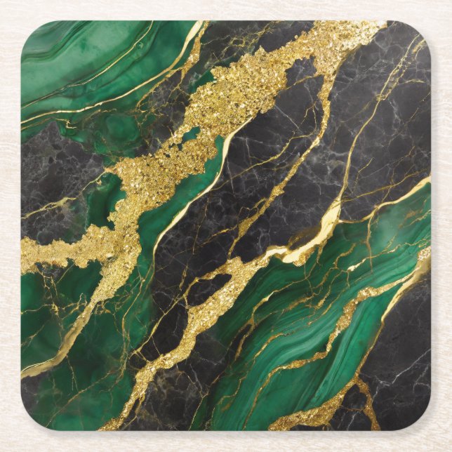 Grönt Marble Mönster med Guld Underlägg Papper Kvadrat (Framsidan)