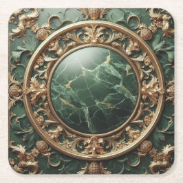 Grönt Marble och Guld Trim Underlägg Papper Kvadrat