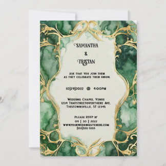 Grönt Marble Watercolor Guld Trim Elegant bröllop Inbjudningar