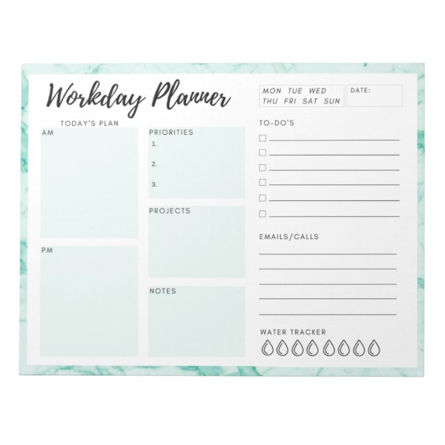 Grönt Marble Workday Planner Anteckningsblock (Framsida)