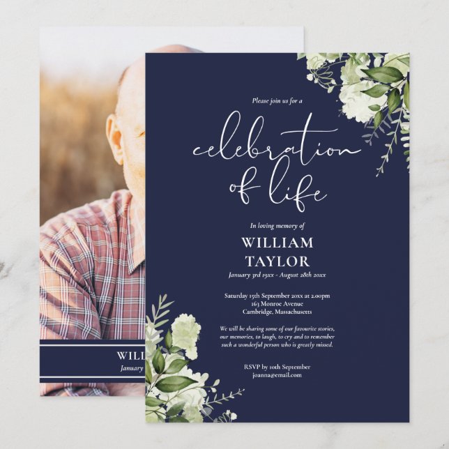 Grönt marinblått firande av livet-foto inbjudningar (Fram/baksida)