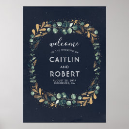 Grönt, marinblått och Guld Greenery Bröllop Poster