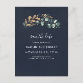Grönt, marinblått och guld vintage Spara datumet Meddelande Vykort
