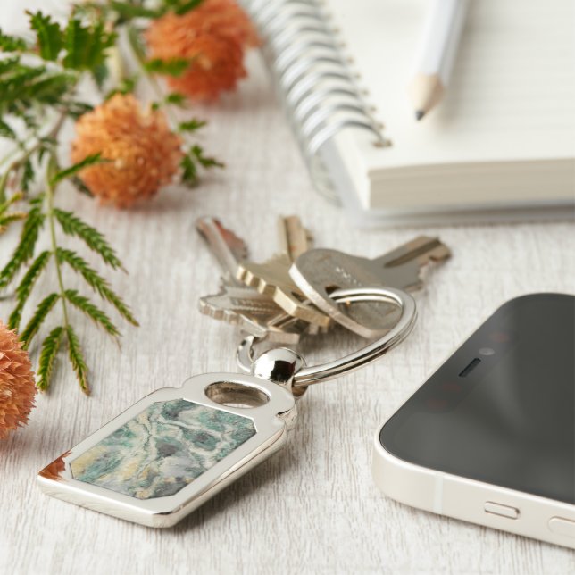 Grönt Mariposite Mineral Stone Mönster Rektangulärt Silverfärgad Nyckelring (Sidan)