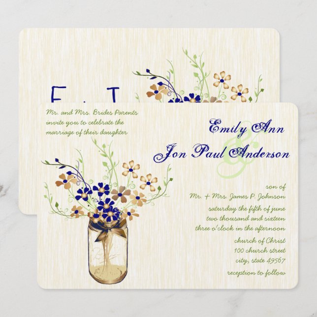 Grönt Mason Burk Vild Flower Inbjudningar (Fram/baksida)