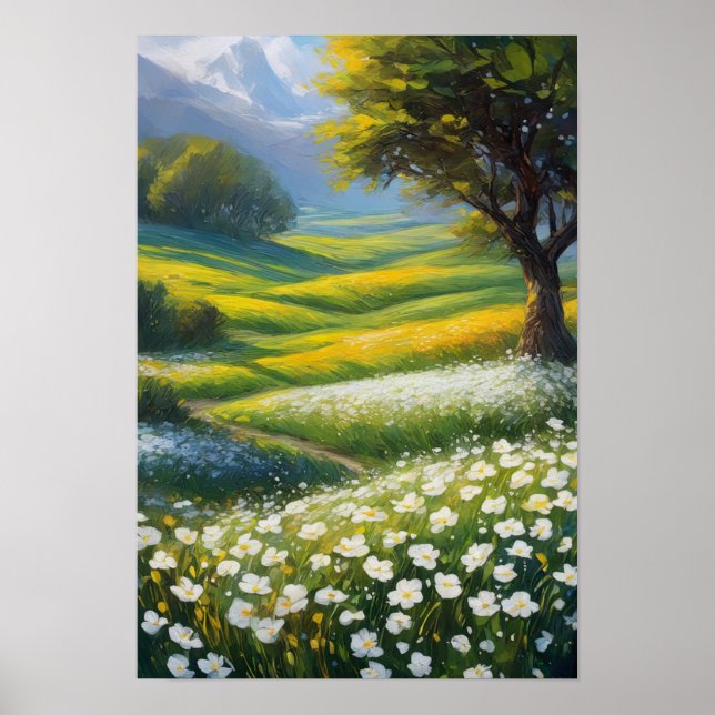 Grönt Meadow and White Flowers Poster (Framsidan)