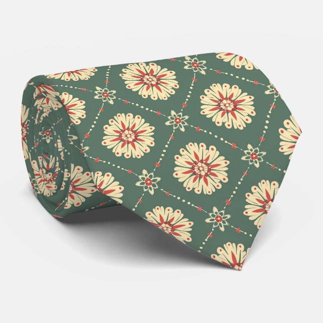 Grönt med Beige-Blommönstret Slips (Rullad)