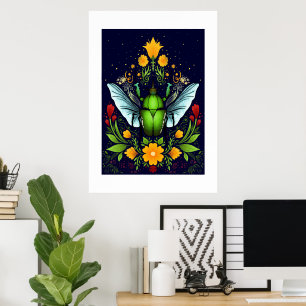 Grönt med fluga och blommor poster