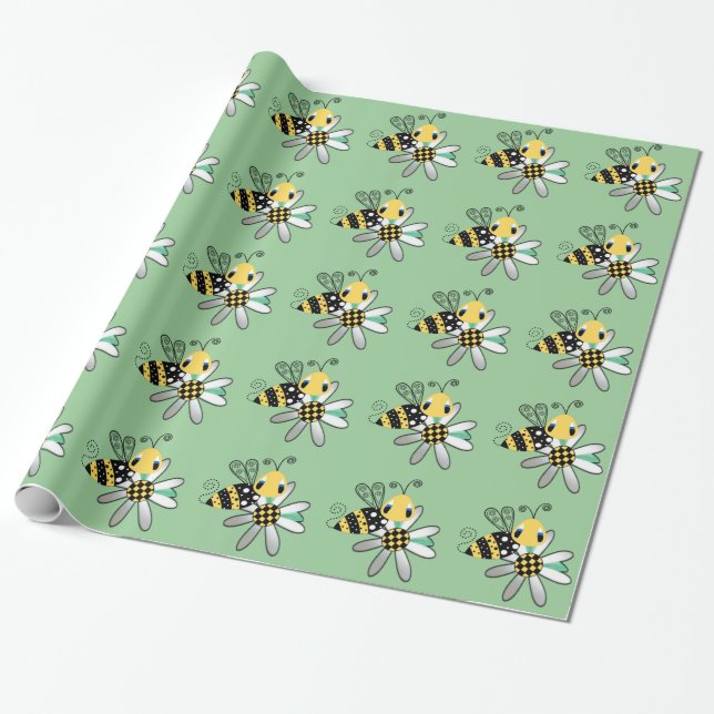 Grönt med humlan och blomman presentpapper (Utrullad)