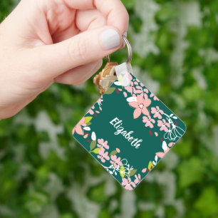 Grönt med Rosa Flowers Personlig Nyckelring