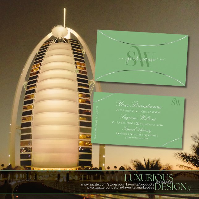 Grönt med Silver Decor och Monogram Snyggt Visitkort (Skapare uppladdad)