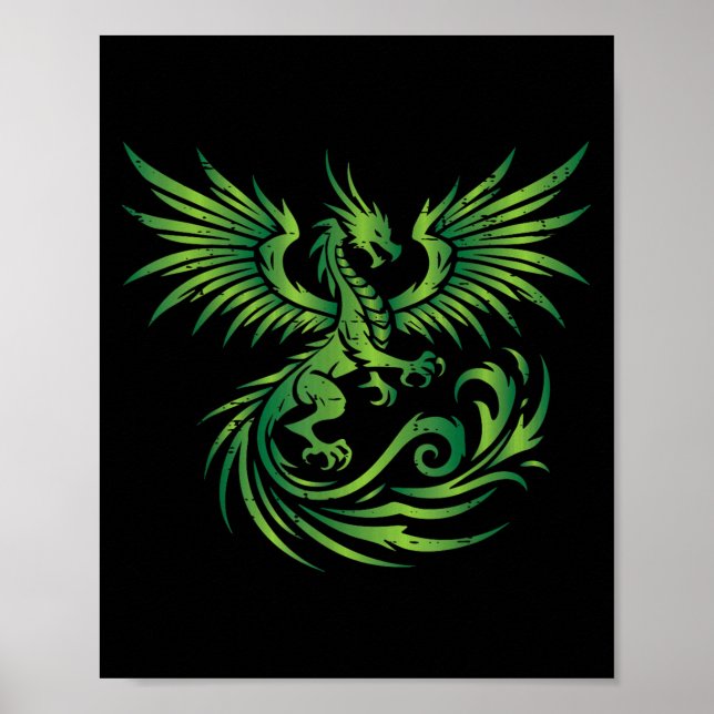 Grönt Medieval Dragon Fantasy Mythical Art Manar W Poster (Framsidan)