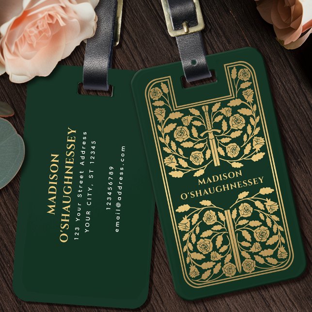 Grönt Medieval Fantasy Guld Sword Namn Bagagebricka (Skapare uppladdad)