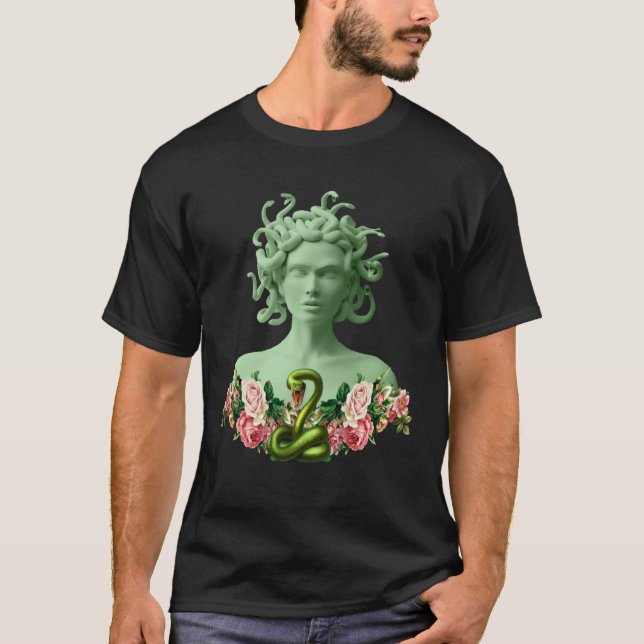 Grönt Medusa Gorgon Grekisk Mythology Rosa Blommig T Shirt (Framsida)