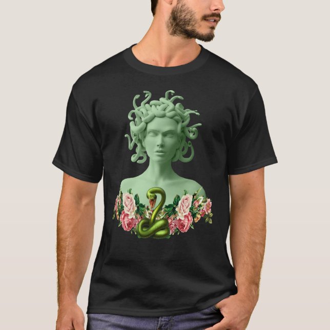 Grönt Medusa Gorgon Grekisk Mythology Rosa Blommig T Shirt (Framsida)