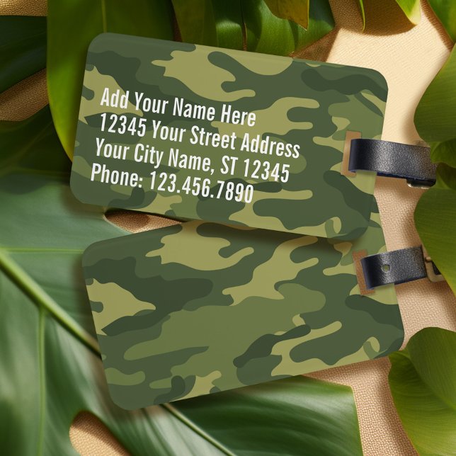 Grönt Militär Camo Mönster med namn och adress Bagagebricka (Personalized luggage tag - green camo)