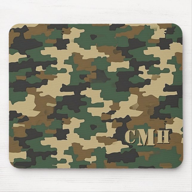 Grönt Militär retro Camouflage Stencil Monogram Musmatta (Framsidan)