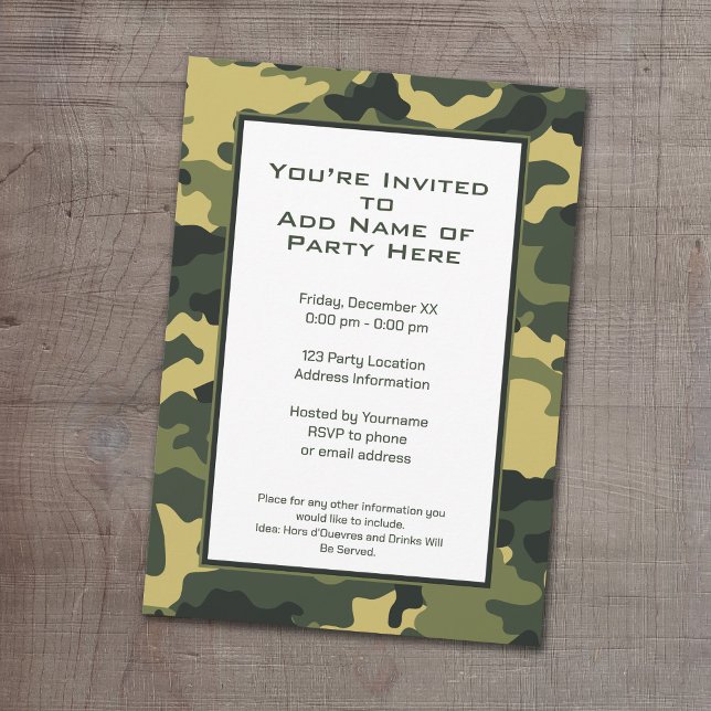 Grönt militärkamouflage Party Inbjudningar (Camouflage Birthday Party, Military graduation or cocktail party invitation.)