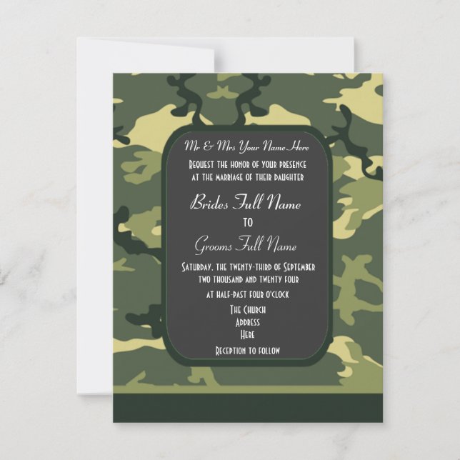 Grönt militärt kamouflagebröllop inbjudningar (Framsida)