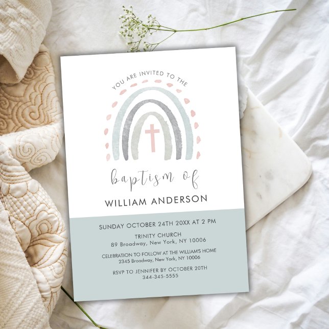 Grönt Minimal boho Rainbow Kor Boy Baptism Inbjudningar (Green Minimal Boho Rainbow Cross Boy Baptism Invitation)