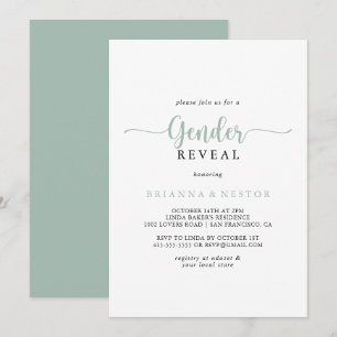 Grönt Minimalist Calligraphy Gender Reveal Party Inbjudningar