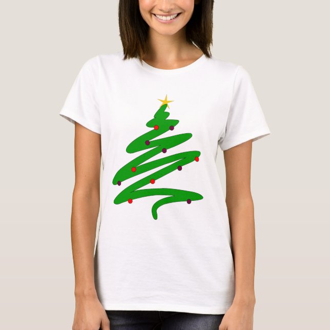 Grönt Minimalist Julgran Doodle T Shirt (Framsida)