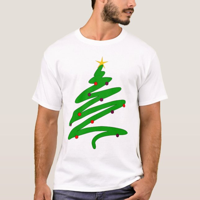 Grönt Minimalist Julgran Doodle T Shirt (Framsida)