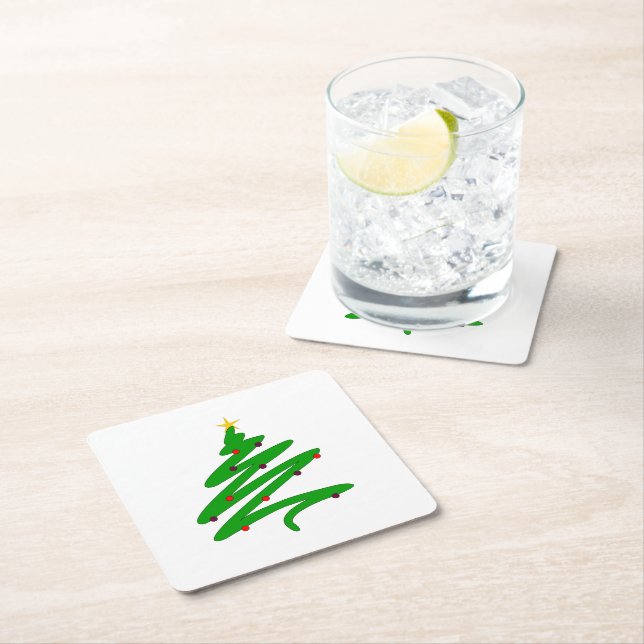 Grönt Minimalist Julgran Doodle Underlägg Papper Kvadrat (Insitu)