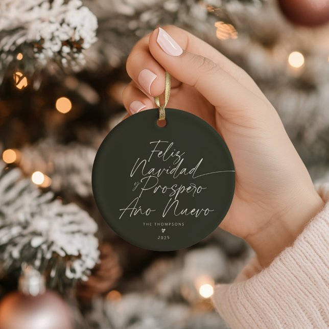 Grönt Minimalist Modern Script Feliz Navidad Julgransprydnad Keramik (Skapare uppladdad)