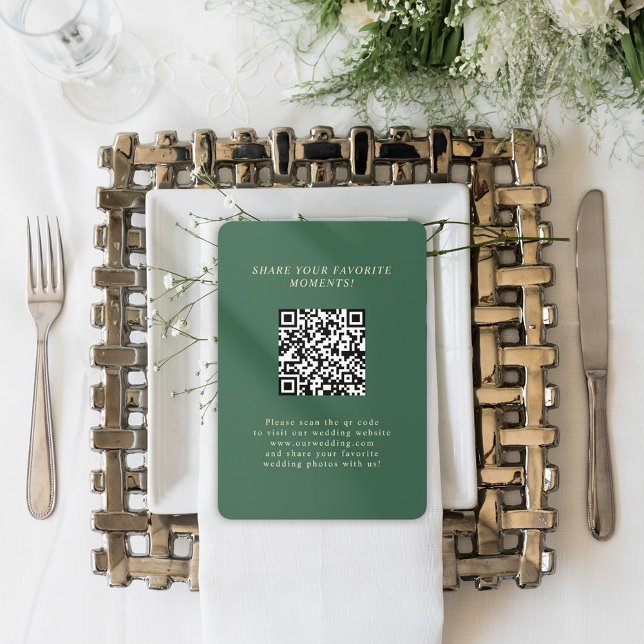 Grönt Minimalistisk Elegant QR-kod Bröllop-foton Tilläggskort (Green Minimalist Elegant QR Code Wedding Photos Enclosure Card)