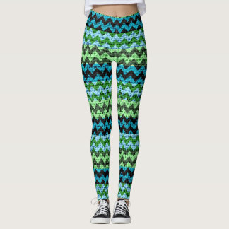 Grönt Mint Black Chevron Mönster Burlap-utseende Leggings