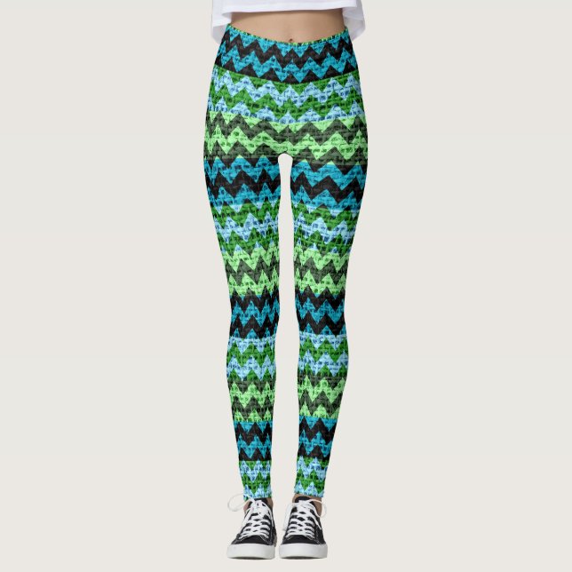 Grönt Mint Black Chevron Mönster Burlap-utseende Leggings (Framsida)