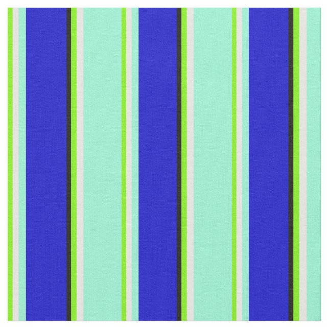 Grönt, Mint Cream, Aquamarine, Blue & Black Linjer Tyg (Närbild)