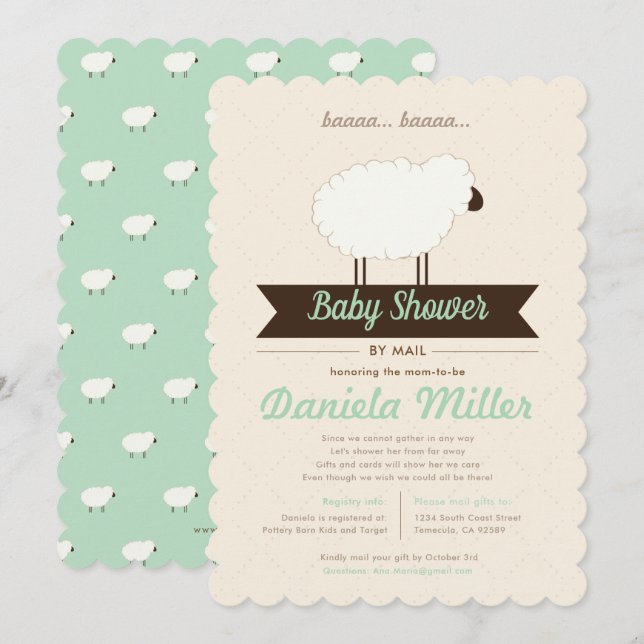 Grönt Mint Little Lamb Baby Shower efter post Inbjudningar (Fram/baksida)
