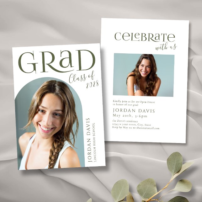 Grönt Modern Arch Photo Studenten-meddelande Inbjudningar (Green Modern Arch Photo Graduation Announcement)