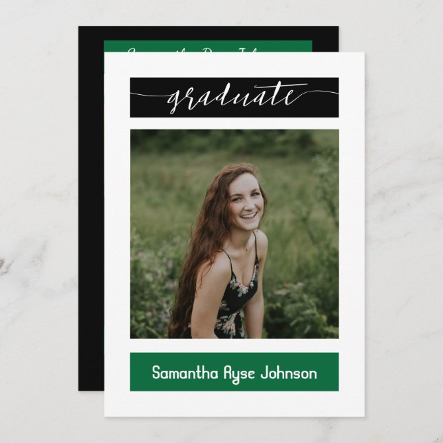 Grönt Modern Block 3-Photo Studenten Inbjudningar (Fram/baksida)