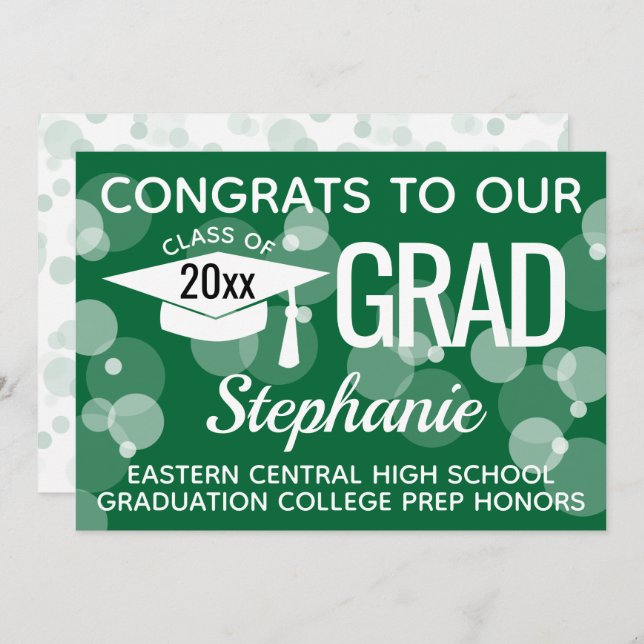 Grönt Modern Confetti Bokeh Bubbles Studenten Inbjudningar (Fram/baksida)