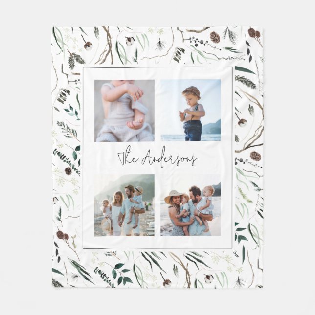 Grönt modern elegant vattenfärg botaniskt 4 foto fleecefilt (Framsidan)