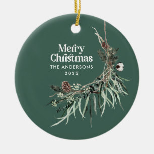 Grönt modern elegant vattenfärg botaniskt julgransprydnad keramik