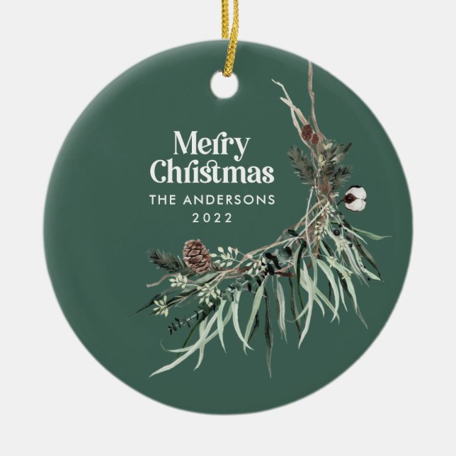 Grönt modern elegant vattenfärg botaniskt julgransprydnad keramik (Framsidan)