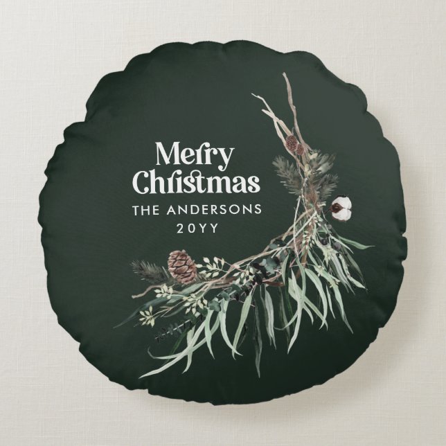 Grönt modern elegant vattenfärg botaniskt rund kudde (Framsidan)