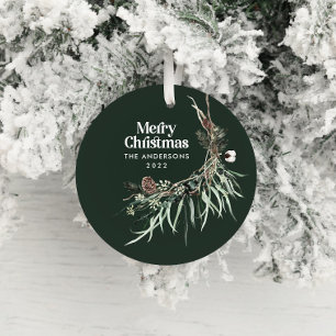 Grönt modern elegant vattenfärgad botanisk keramik julgransprydnad keramik