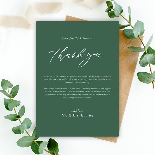 Grönt Modern enkel minimal Elegant bröllop Tack Kort (Green Modern Simple Minimal Elegant Wedding Thank You Card)