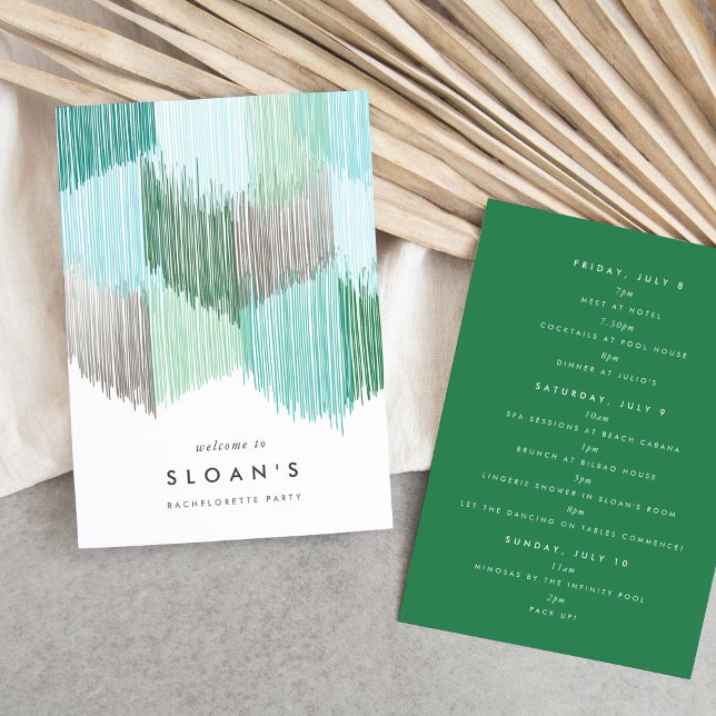 Grönt Modern Fringe Bachelorette Party Itinerary Spara Datumet (Green modern fringe fiesta bachelorette party itinerary cards.)