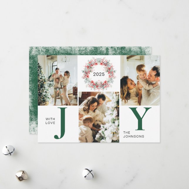 Grönt Modern Holly Berries 3 Photo Joy jul Julkort (Fram/Back In Situ)