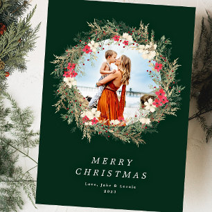grönt modern krans ett foto god jul julkort