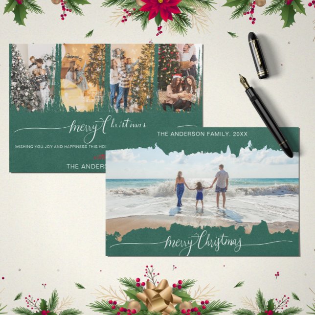 Grönt Modern minimalistisk julklapp - foto Inbjudningar (Green Modern Minimalist Christmas Collage Photo Invitation)