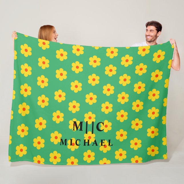 Grönt modern monogramretroblommigt fleecefilt (På plats)